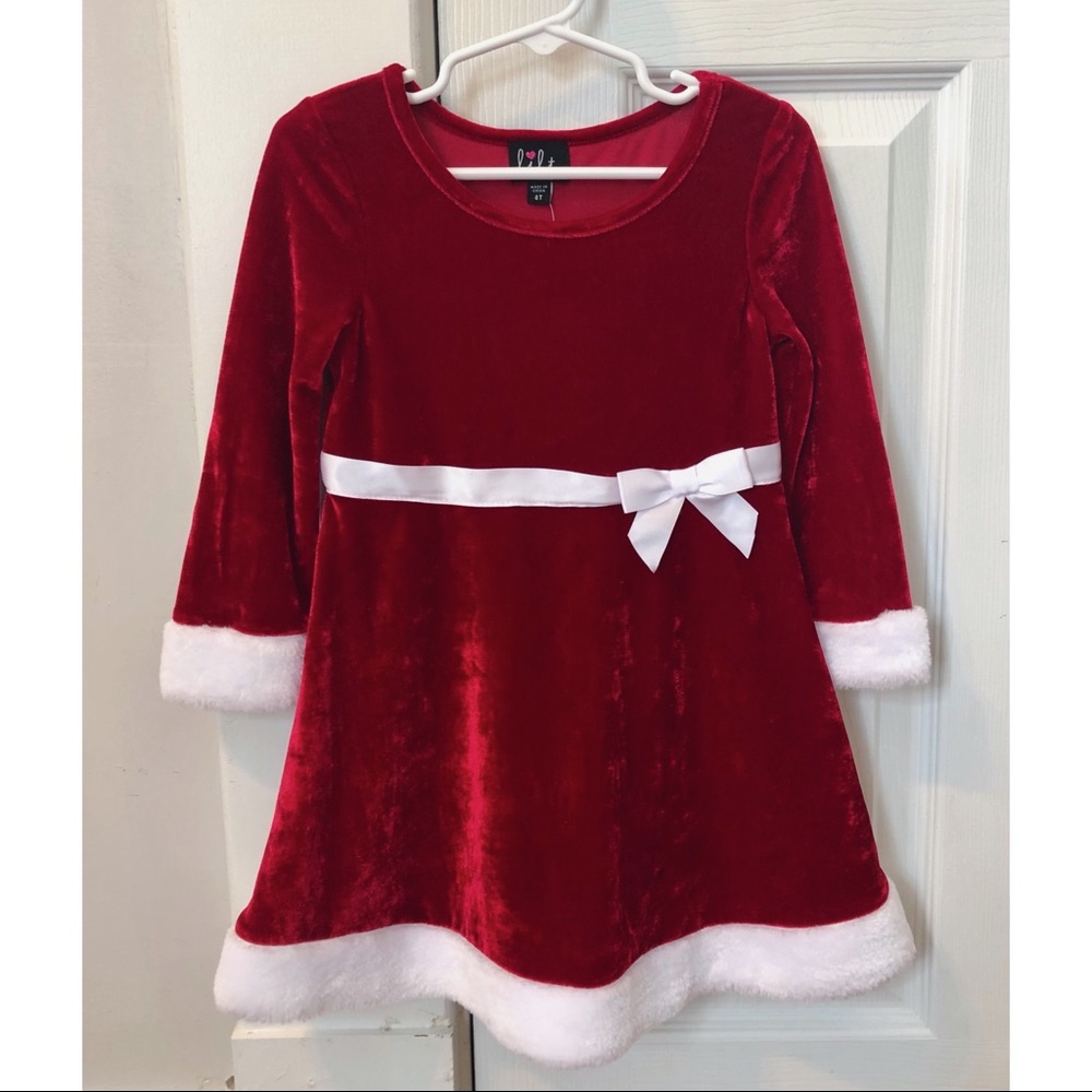 Red Velvet Christmas Holiday Dress with Faux Fur Trim & Ribbon Detail